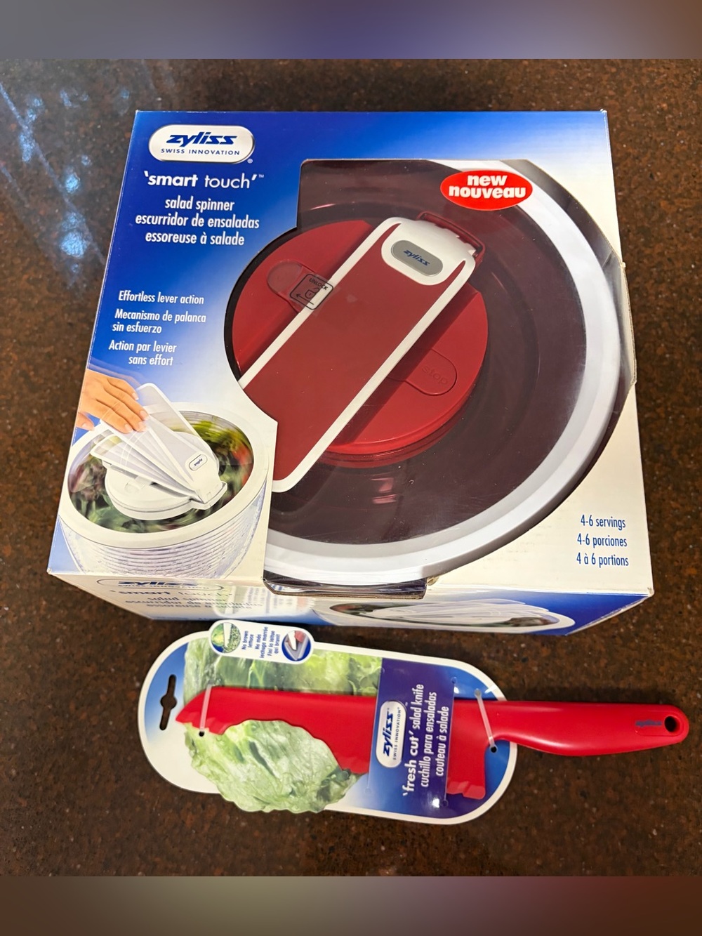 Zyliss Smart Touch Red Salad Spinner 4 -6 Servings & a bonus red salad knife NWT